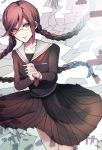  1girl black_serafuku black_shirt black_skirt braid brown_eyes brown_hair collarbone cowboy_shot dangan_ronpa dangan_ronpa_1 eyebrows_visible_through_hair floating_hair fukawa_touko glasses hair_between_eyes hands_clasped long_hair looking_at_viewer neckerchief own_hands_together pleated_skirt red_neckwear rimless_eyewear sailor_collar school_uniform serafuku shirt skirt smile solo standing twin_braids twintails very_long_hair z-epto_(chat-noir86) 