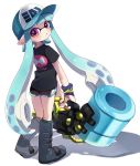  1girl aqua_hair aqua_hat bangs baseball_cap black_footwear black_shirt black_shorts blunt_bangs boots commentary_request domino_mask full_body gym_shorts hat heavy_splatling_(splatoon) holding holding_weapon inkling inkling_(language) knee_boots logo long_hair looking_at_viewer looking_back maco_spl mask nintendo parted_lips pointy_ears print_shirt shirt shorts simple_background slosher_(splatoon) splatoon splatoon_1 standing tentacle_hair violet_eyes weapon white_background wristband 