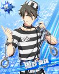  akuno_hideo brown_hair character_name dress grey_eyes handcuffs idolmaster idolmaster_side-m prisoner short_hair smile 