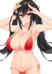  1girl arm_behind_back armpits azur_lane bikini black_hair breasts cleavage collarbone eyebrows_visible_through_hair front-tie_top groin hair_between_eyes hair_ornament hair_ribbon highres kuavera large_breasts long_hair looking_at_viewer navel parted_lips red_bikini red_eyes red_ribbon ribbon side-tie_bikini signature simple_background smile solo swimsuit taihou_(azur_lane) tied_hair twintails white_background wide_hips 