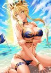  1girl anklet arm_under_breasts artoria_pendragon_(all) artoria_pendragon_(lancer) bangs bare_shoulders belly_chain bikini blonde_hair blue_bikini bracelet breast_hold breasts cleavage closed_mouth collarbone commentary_request cross crown day eyelashes fate/grand_order fate_(series) flag flower green_eyes hair_between_eyes hair_flower hair_ornament highres hips jewelry large_breasts light_rays lips long_hair looking_at_viewer navel ocean outdoors rhongomyniad sakiyamama sidelocks sitting sky smile solo swimsuit thigh_strap thighs under_boob waist wariza white_pupils 