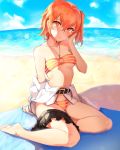  1girl ahoge arm_support bare_shoulders beach bikini black_skirt blue_sky blush breasts brilliant_summer chaldea_uniform cleavage clouds cloudy_sky collarbone commentary_request contemporary day eyebrows_visible_through_hair fate/grand_order fate_(series) fujimaru_ritsuka_(female) full_body hair_between_eyes hair_ornament hair_scrunchie halterneck head_tilt highres horizontal_stripes jacket kano_(kanokano44) looking_at_viewer medium_breasts midriff navel ocean off_shoulder one_side_up orange_bikini orange_eyes orange_hair outdoors scrunchie short_hair side_ponytail skirt skirt_around_one_leg sky solo stomach striped sunlight swimsuit towel water white_jacket yellow_scrunchie 