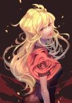  1girl absurdres black_dress blonde_hair dress floating_hair from_side head_tilt highres lipstick long_hair looking_at_viewer makeup parted_lips pink_eyes red_lips rwby smile solo splish upper_body very_long_hair yang_xiao_long 