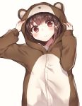  1girl bear_hood blush brown_eyes brown_hair closed_mouth commentary_request eyebrows_visible_through_hair frown hair_ornament head_tilt highres iwakura_lain koretsuna long_sleeves looking_at_viewer pajamas serial_experiments_lain short_hair simple_background solo standing upper_body white_background x_hair_ornament 