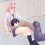  . 1boy 1girl bangs black_hair black_legwear blazer blush brown_jacket closed_eyes collared_shirt commentary_request couple darling_in_the_franxx green_eyes hair_ornament hairband hand_holding hand_on_hip hetero hiro_(darling_in_the_franxx) horns interlocked_fingers jacket leg_up long_hair long_sleeves looking_at_another lying lying_on_lap lying_on_person necktie on_side oni_horns pants pink_hair plaid plaid_pants plaid_skirt purple_pants purple_skirt red_horns sakuragouti school_uniform shirt sitting skirt sleeping sleeping_on_person socks striped striped_neckwear thighs white_hairband white_shirt wing_collar zero_two_(darling_in_the_franxx) 