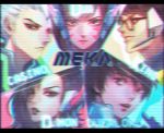  2girls 3boys black-framed_eyewear black_hair brown_eyes brown_hair casino_(overwatch) character_name collar commentary d.mon_(overwatch) d.va_(overwatch) english_commentary epilepsy_warning face glasses headphones headset huge_filesize king_(overwatch) long_hair medium_hair multiple_boys multiple_girls overlord_(overwatch) overwatch pilot_suit portrait scanlines short_hair silver_hair the_cecile visardist whisker_markings 