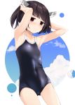  1girl arai_togami armpits arms_up ass_visible_through_thighs bangs bare_arms bare_shoulders black_swimsuit blue_sky blush brown_hair closed_mouth clouds collarbone covered_navel cowboy_shot eyebrows_visible_through_hair flat_chest highres legs_apart new_school_swimsuit one-piece_swimsuit red_eyes school_swimsuit short_hair sky solo swimsuit thighs touhoku_kiritan voiceroid white_background 