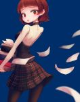  1girl allen_(makaroll) blue_background book book_stack braid breasts brown_hair brown_skirt commentary from_side holding holding_book looking_back niijima_makoto pantyhose paper persona persona_5 plaid plaid_skirt pleated_skirt red_eyes shirt short_sleeves simple_background skirt small_breasts solo white_shirt 