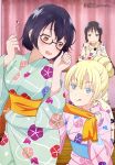  /\/\/\ 3girls absurdres aqua_kimono asobi_asobase barefoot black_hair blonde_hair blue_sash blush breasts brown-framed_eyewear brown_eyes dressing_another eyebrows_visible_through_hair floral_print flower_request glasses hair_between_eyes hair_bun hands_up highres honda_hanako indoors itou_mayuka japanese_clothes kimono large_breasts light_blue_eyes long_hair looking_at_another low_twintails magazine_scan megami multiple_girls nail_polish nomura_kasumi obi official_art olivia_(asobi_asobase) orange_sash pink_kimono pink_nails print_kimono red_sash sash scan semi-rimless_eyewear short_hair standing tongue tongue_out twintails wavy_mouth wooden_floor yellow_kimono 