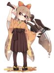  1girl bangs blunt_bangs blush bow brown_hair domino_mask full_body inkling japanese_clothes kimono maco_spl mask nintendo paint paintbrush pantyhose red_bow red_eyes sandals short_eyebrows skirt solo splatoon standing tentacle_hair wide_sleeves 
