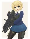  1girl assault_rifle bangs black_gloves black_neckwear blonde_hair blue_eyes blue_skirt blue_sweater braid bulletproof_vest commentary_request cowboy_shot darjeeling dress_shirt eyebrows_visible_through_hair girls_und_panzer gloves grenade_launcher gun highres holding holding_gun holding_weapon ichigotofu l123a2 l85 light_smile long_sleeves looking_at_viewer miniskirt necktie open_mouth outside_border pantyhose partial_commentary pleated_skirt pouch rifle school_uniform scope shirt short_hair skirt smile solo st._gloriana&#039;s_school_uniform standing sweater tactical_clothes thigh_strap tied_hair v-neck weapon white_shirt wing_collar 