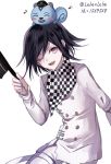  1boy ;d animal animal_on_head black_hair black_hat checkered checkered_neckwear dangan_ronpa floating_hair hair_between_eyes hat holding holding_hat jacket looking_at_viewer male_focus musical_note new_dangan_ronpa_v3 on_head one_eye_closed open_mouth ouma_kokichi pants simple_background smile solo violet_eyes white_background white_jacket white_pants z-epto_(chat-noir86) 