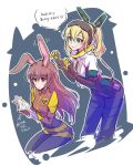  2girls animal_ears blonde_hair book brown_eyes brown_hair bunny_girl character_request copyright_request covered green_eyes highres iesupa long_hair multiple_girls ponytail rabbit_ears reading rwby velvet_scarlatina 