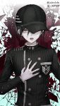  1boy black_hat black_jacket dangan_ronpa green_eyes hair_between_eyes hat hat_over_one_eye jacket looking_at_viewer male_focus new_dangan_ronpa_v3 open_mouth saihara_shuuichi school_uniform solo twitter_username upper_body vertical-striped_jacket z-epto_(chat-noir86) 