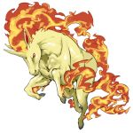  commentary_request creatures_(company) fire fukurou_(owl222) full_body game_freak gen_1_pokemon jumping looking_at_viewer nintendo no_humans pokemon pokemon_(creature) rapidash red_eyes simple_background solo white_background 