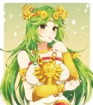  1girl blush breasts dress female green_eyes green_hair indisk_irio jewelry kid_icarus long_hair looking_at_viewer matching_hair/eyes necklace nintendo palutena simple_background smile solo tiara very_long_hair 