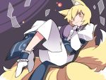  1girl animal_ears blonde_hair commentary_request dress fox_ears fox_tail hammer_(sunset_beach) hands_in_opposite_sleeves looking_at_viewer multiple_tails no_hat no_headwear short_hair smile solo tabard tail touhou white_dress yakumo_ran yellow_eyes 