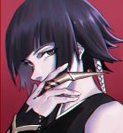  1girl bangs bare_shoulders black_hair bleach blunt_bangs braid brown_eyes claw_(weapon) covering_mouth detached_sleeves eyebrows face hand_up hands looking_at_viewer pixiv772412560 portrait red_background short_hair short_hair_with_long_locks solo sui-feng weapon 
