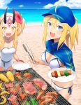  2girls baseball_cap bbq beef bikini blonde_hair blue_eyes breasts corn fate/grand_order fate_(series) food grill grilling hat horns ibaraki_douji_(fate/grand_order) ibaraki_douji_(swimsuit_lancer)_(fate) meat multiple_girls mysterious_heroine_xx_(foreigner) oni oni_horns swimsuit tsuchifumazu yellow_eyes 