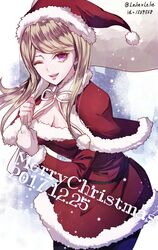  1girl ;d akamatsu_kaede bangs blonde_hair blue_legwear breasts capelet cleavage cowboy_shot dangan_ronpa dated dress fur_trim hat long_hair medium_breasts merry_christmas neck_ribbon new_dangan_ronpa_v3 one_eye_closed open_mouth pantyhose parted_bangs pink_eyes red_capelet red_dress red_hat ribbon santa_costume santa_hat short_dress smile solo standing twitter_username white_background white_ribbon z-epto_(chat-noir86) 