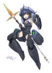  1girl armor bangs bare_shoulders black_armor black_gloves blue_hair breasts commentary_request darling_in_the_franxx dated delphinium_(darling_in_the_franxx) eyebrows_visible_through_hair floating flying full_armor gloves green_eyes hair_between_eyes holding holding_spear holding_weapon ichigo_(darling_in_the_franxx) looking_at_viewer mecha_musume open_mouth polearm short_hair shoulder_armor signature simelu small_breasts smile solo spear teeth thighs weapon white_background 