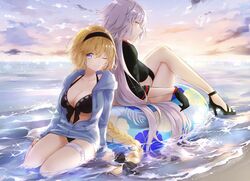  2girls ;) bangs beach bikini black_bikini black_bow black_footwear black_gloves black_hairband black_jacket blue_innertube blue_jacket bow braid breasts brown_eyes cleavage closed_mouth clouds cloudy_sky drawstring eyebrows_visible_through_hair fate/grand_order fate_(series) floral_print front-tie_bikini front-tie_top gloves hair_between_eyes hair_bow hairband high_heels highres hood hood_down hooded_jacket horizon innertube jacket jeanne_d&#039;arc_(alter_swimsuit_berserker) jeanne_d&#039;arc_(fate)_(all) jeanne_d&#039;arc_(swimsuit_archer) long_hair long_sleeves looking_at_viewer looking_back medium_breasts multiple_girls one_eye_closed outdoors print_innertube profile sand sena_tea29 shoes silver_hair single_braid sitting sky smile swimsuit very_long_hair violet_eyes water white_footwear yokozuwari 