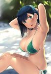  1girl arms_up bikini blue_eyes blue_hair blurry blurry_background blush breasts collarbone day front-tie_bikini front-tie_top green_bikini hair_down highres kantai_collection large_breasts looking_at_viewer medium_hair open_mouth outdoors river shibafu_(glock23)_(style) side-tie_bikini sitting skindentation solo souryuu_(kantai_collection) swimsuit tying_hair wa_(genryusui) 