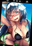  1girl animal_ears bikini black_bikini black_hair blush breasts cellphone cleavage collarbone commentary_request embarrassed fate/grand_order fate_(series) fox_ears fox_tail glasses hair_bobbles hair_ornament hairband lady_foxy large_breasts long_hair looking_at_viewer magatama_necklace o-ring o-ring_bikini ocean open_mouth osakabe-hime_(fate/grand_order) phone red-framed_eyewear red_eyes saboten_teishoku self_shot side-tie_bikini smartphone solo swimsuit tail twintails very_long_hair viewfinder wardrobe_malfunction water wavy_mouth 