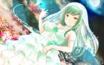  1girl 2018 arm_up artist_name bangs bare_shoulders breasts bridal_veil bride bug butterfly cleavage closed_mouth clouds collarbone commentary_request dated dress eyebrows eyebrows_visible_through_hair flower full_moon girlfriend_(kari) green_dress green_flower green_hair green_rose green_wedding_dress highres insect jewelry kokonoe_shinobu long_hair masa_(mirage77) medium_breasts moon necklace night outdoors petals rose smile solo standing strapless strapless_dress veil wallpaper wedding_dress white_neckwear yellow_eyes 