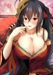  1girl azur_lane bare_shoulders black_hair blush breasts cleavage collarbone dress eyebrows_visible_through_hair fingernails fingers_to_mouth hair_between_eyes hair_ornament hair_ribbon huge_breasts japanese_clothes kanzaki_kureha long_hair looking_at_viewer parted_lips red_dress red_eyes red_ribbon ribbon smile solo taihou_(azur_lane) tied_hair twintails wide_sleeves 