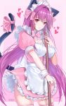  1girl alternate_costume animal_ears apron artist_name breasts cat_ears cat_tail cleavage closed_mouth commentary damda detached_collar dress enmaided fate/grand_order fate_(series) floating_heart frills kemonomimi_mode large_breasts lips long_hair looking_at_viewer maid maid_apron maid_headdress pink_background pink_dress pink_legwear pink_neckwear puffy_short_sleeves puffy_sleeves purple_hair red_eyes scathach_(fate)_(all) scathach_(fate/grand_order) short_dress short_sleeves skindentation solo symbol_commentary tail thigh-highs thighs waist_apron wrist_cuffs 