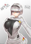  1girl blue_eyes bodysuit breasts car cleavage gloves grey_hair ground_vehicle highres large_breasts mitsubishi_motors motor_vehicle open_mouth original personification short_hair smile solo yonkuron 