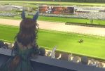  1girl animal_ears arm_up brown_hair commentary_request day dress english from_behind green_dress horse horse_ears horse_racing_track horse_tail jockey king_halo kuro_oolong long_hair riding sign silhouette solo_focus tail umamusume 