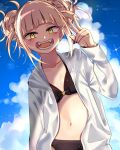  1girl bags_under_eyes bangs bikini black_bikini blonde_hair blue_sky blunt_bangs boku_no_hero_academia breasts clouds cloudy_sky commentary day double_bun fangs half-closed_eyes hood hoodie leaning_to_the_side long_sleeves looking_at_viewer maco_spl messy_hair open_clothes open_mouth open_shirt outdoors shirt short_hair sky small_breasts smile solo standing swimsuit toga_himiko upper_body v white_shirt yellow_eyes 