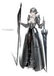  1girl armor armored_dress artist_name black_legwear breasts flag full_body helmet jdori jewelry lance long_hair medium_breasts original pale_skin planted_weapon polearm ring shoulder_armor simple_background solo standing weapon white_background white_hair 