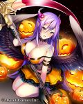  1girl arm_belt bare_shoulders black_footwear black_gloves black_wings blue_eyes breasts demon_wings gloves holding holding_scythe horns jack-o&#039;-lantern kneeling large_breasts long_hair maboroshi_juuhime official_art orange_skirt pointy_ears purple_hair robosuke scythe skirt watermark wings 