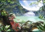  1boy bare_arms bare_legs bare_shoulders barefoot bayashiko blue_sky brown_eyes clouds commentary_request eating fish grey_hair hair_between_eyes horizon jewelry kappa looking_at_viewer male_focus mangrove nature necklace ocean original ponytail river scenery signature sitting sky solo tree 