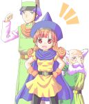  1girl alena_(dq4) breasts brey cape clift closed_mouth commentary_request curly_hair dragon_quest dragon_quest_iv gloves hat long_hair looking_at_viewer multiple_boys oigen_(artist) orange_hair pantyhose skirt yellow_skirt 