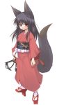  1girl animal_ear_fluff animal_ears batta_(kanzume_quality) black_hair closed_mouth commentary_request eyebrows_visible_through_hair fox_ears fox_tail full_body geta holding japanese_clothes katana kimono long_hair long_sleeves looking_at_viewer obi original red_eyes red_footwear red_kimono sandals sash scabbard sheath simple_background solo standing sword tabi tail tengu-geta weapon white_background 