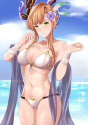  1girl absurdres bangs bare_shoulders bikini blue_sky blush braid breasts choker cleavage collarbone feathers flower french_braid granblue_fantasy green_eyes hair_feathers hair_flower hair_ornament hairband head_wings highres hips large_breasts long_hair looking_at_viewer navel ocean orange_hair sam_(metalibon) sash sidelocks sky smile solo song_(granblue_fantasy) swimsuit thighs waist white_bikini wrist_straps 