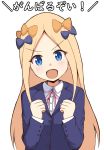  1girl :d abigail_williams_(fate/grand_order) absurdres bangs blonde_hair blue_bow blue_eyes blue_jacket blush bow collared_shirt commentary_request cosplay dress_shirt eyebrows_visible_through_hair fate/grand_order fate_(series) forehead hair_bow hands_up highres jacket long_hair mitchi neck_ribbon new_game! open_mouth orange_bow parted_bangs pink_ribbon ribbon shirt simple_background smile solo suzukaze_aoba suzukaze_aoba_(cosplay) translated v-shaped_eyebrows very_long_hair white_background white_shirt 