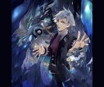  1boy ascot awai_(pixiv29777040) beldum blue_eyes carbink cave collared_shirt cowboy_shot creatures_(company) crystal fisheye floating formal game_freak gen_3_pokemon gen_6_pokemon grey_hair hands_up holding holding_poke_ball jacket jewelry light_smile long_sleeves looking_at_viewer male_focus metagross nintendo one-eyed open_clothes open_jacket outstretched_arm outstretched_hand pants parted_lips pillarboxed poke_ball pokemon pokemon_(creature) pokemon_(game) red_eyes red_neckwear ring shirt short_hair standing suit suit_jacket tsuwabuki_daigo ultra_ball vest wing_collar 