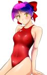  1girl absurdres bow commentary_request competition_swimsuit covered_navel covered_nipples cowboy_shot gegege_no_kitarou hair_bow highres nanao_futaba nekomusume nekomusume_(gegege_no_kitarou_6) one-piece_swimsuit pointy_ears purple_hair red_bow red_swimsuit shirt short_hair simple_background sitting solo swimsuit white_background white_shirt yellow_eyes 