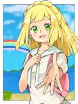  1girl backpack bag blonde_hair blue_sky clouds creatures_(company) cu-sith day game_freak green_eyes lillie_(pokemon) long_hair nintendo open_mouth outdoors outstretched_arm pokemon pokemon_(game) pokemon_sm ponytail rainbow shirt short_sleeves sky solo water white_shirt 
