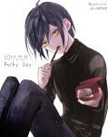  1boy androgynous black_hair black_pants black_sweater dangan_ronpa dated eating hair_between_eyes looking_at_viewer male_focus new_dangan_ronpa_v3 pants pocky_day saihara_shuuichi short_hair simple_background solo sweater twitter_username white_background yellow_eyes z-epto_(chat-noir86) 