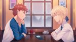  1boy 1girl ahoge artoria_pendragon_(all) blonde_hair blue_ribbon braid brown_eyes brown_hair closed_eyes couple crown_braid cup dating earphones emiya_shirou eyebrows_visible_through_hair fate/stay_night fate_(series) fateline_alpha from_side hair_ribbon head_rest highres indoors neck_ribbon rain ribbon saber shiny shiny_hair shirt sidelocks smile spiky_hair teacup tied_hair white_shirt window 