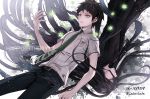  2boys black_hair black_jacket black_pants collarbone dangan_ronpa dress_shirt floating_hair green_eyes green_neckwear hinata_hajime jacket kamukura_izuru long_hair male_focus multiple_boys necktie pants red_eyes shirt short_sleeves smile super_dangan_ronpa_2 very_long_hair white_shirt z-epto_(chat-noir86) 