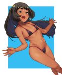  1girl bikini black_bikini black_hair blue_eyes bright_pupils dark_skin dutch_angle fang flat_chest hai_ookami halterneck head_tilt highleg highleg_bikini highres long_hair looking_at_viewer navel open_mouth original outside_border outstretched_arms outstretched_hand ponytail simple_background solo string_bikini swimsuit thick_eyebrows very_long_hair 
