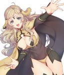  1girl ahoge blonde_hair blue_eyes breasts brown_cape cape center_opening circlet cleavage cleavage_cutout commentary_request covered_navel fire_emblem fire_emblem_if hand_gesture kokouno_oyazi long_hair looking_at_viewer medium_breasts navel nintendo open_mouth ophelia_(fire_emblem_if) outstretched_arm simple_background skin_tight solo thigh_gap upper_teeth wavy_hair white_background 