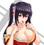  1girl azur_lane bangs bare_shoulders black_hair blush breasts cleavage collarbone drooling eyebrows_visible_through_hair hair_between_eyes hair_ribbon japanese_clothes kimono large_breasts long_hair looking_at_viewer moppo red_eyes red_kimono ribbon saliva solo taihou_(azur_lane) tongue tongue_out twintails upper_body 